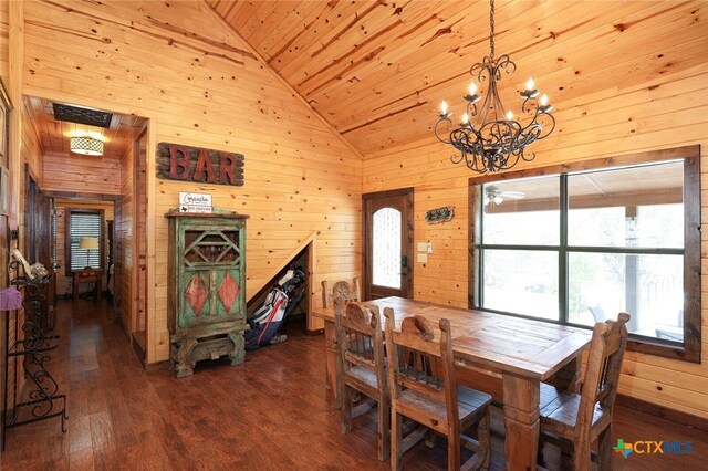 dining room with dark wood-type flooring, a notable chandelier, wooden walls, wooden ceiling, and high vaulted ceiling