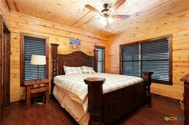 bedroom with dark wood-type flooring, wooden walls, ceiling fan, and wooden ceiling