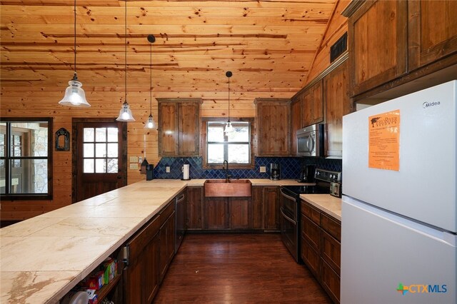 kitchen with plenty of natural light, wood walls, hanging light fixtures, and stainless steel appliances