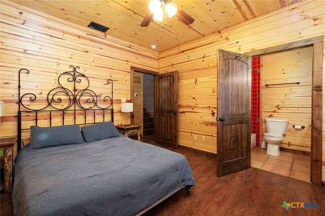 bedroom with wooden walls, hardwood / wood-style floors, wooden ceiling, ceiling fan, and ensuite bathroom