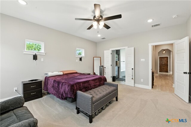 15933 Salado Dr, Temple, TX 76502 - bedroom featuring light carpet, recessed lighting, and a ceiling fan