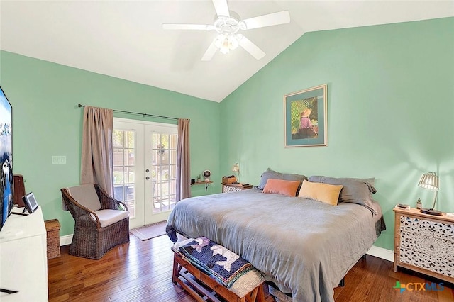 bedroom with vaulted ceiling, wood finished floors, french doors, baseboards, and access to outside