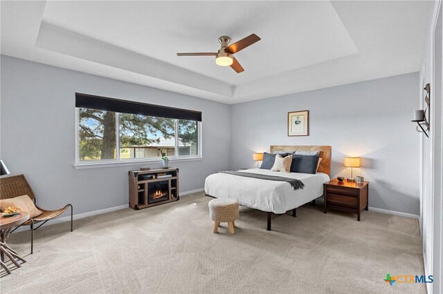 1975 Taylorsville Rd, Red Rock, TX 78662 - bedroom featuring baseboards, carpet flooring, a tray ceiling, and a fireplace