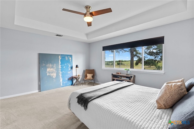 1975 Taylorsville Rd, Red Rock, TX 78662 - carpeted bedroom featuring baseboards, visible vents, a raised ceiling, and ceiling fan
