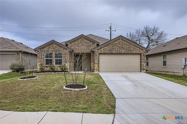 ranch-style home featuring a front lawn, a garage, brick siding, and concrete driveway