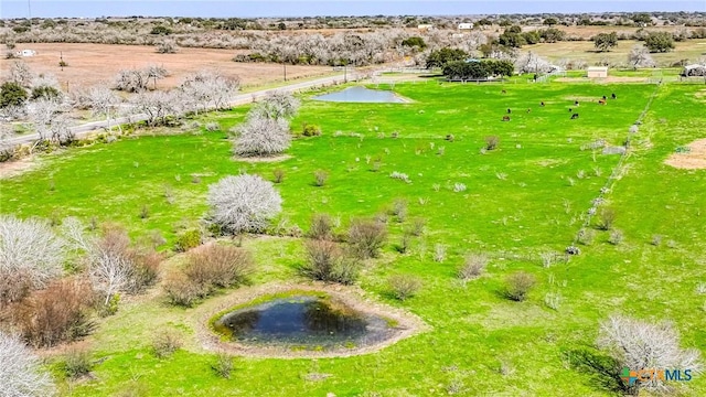 aerial view featuring a water view and a rural view