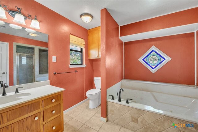 full bathroom featuring separate shower and tub, tile patterned flooring, vanity, and toilet