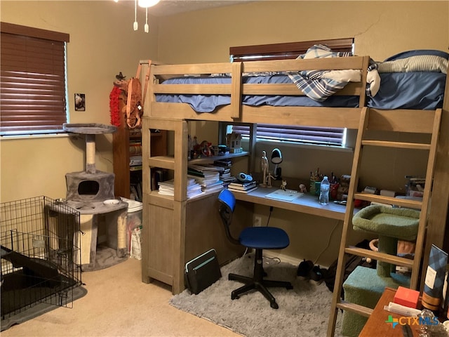 bedroom featuring light carpet