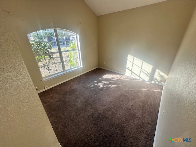 spare room featuring carpet flooring and lofted ceiling