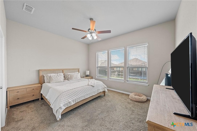 bedroom featuring carpet, ceiling fan, and baseboards