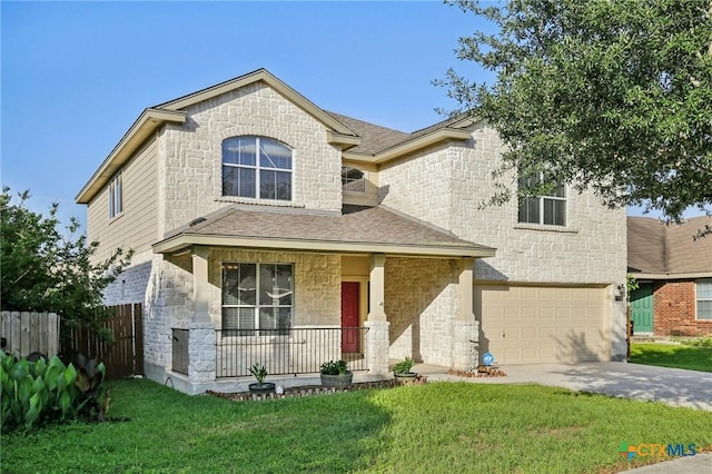 view of front of house featuring stone siding, a porch, a garage, and driveway