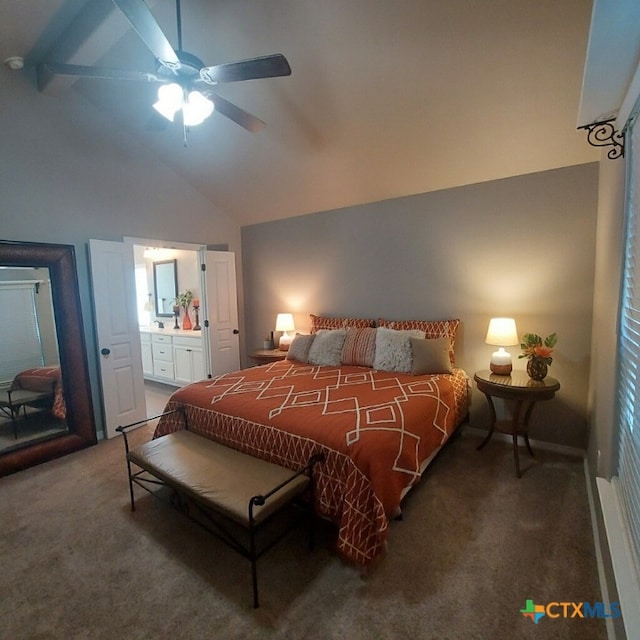 1802 Rustic Manor Dr, Temple, TX 76502 - bedroom featuring carpet floors, ceiling fan, high vaulted ceiling, beamed ceiling, and ensuite bathroom