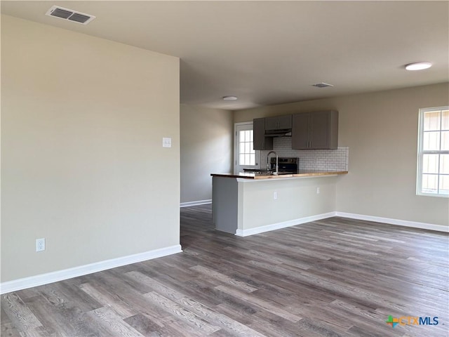 708 E 5th St, Nixon, TX 78140 - kitchen featuring dark wood-style flooring, a peninsula, gray cabinetry, tasteful backsplash, and open floor plan