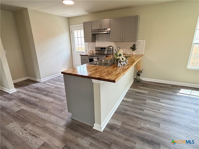 708 E 5th St, Nixon, TX 78140 - kitchen with gray cabinets, under cabinet range hood, wood counters, stainless steel range with electric cooktop, and dark wood-style flooring