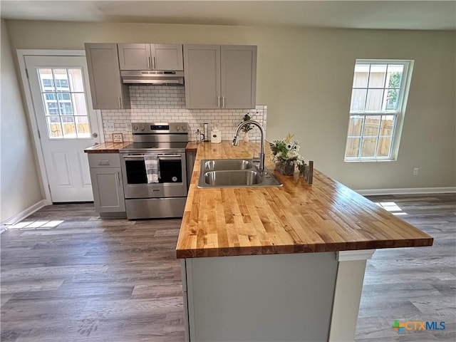 708 E 5th St, Nixon, TX 78140 - kitchen featuring electric range, under cabinet range hood, butcher block counters, and gray cabinets