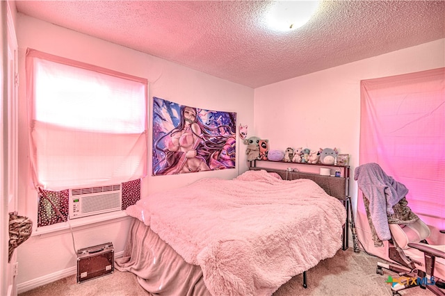 bedroom featuring a textured ceiling, cooling unit, and carpet floors