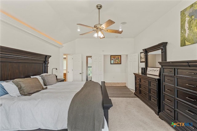 bedroom with ceiling fan, carpet, lofted ceiling, access to outside, and visible vents
