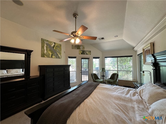 bedroom with access to exterior, multiple windows, ceiling fan, and vaulted ceiling