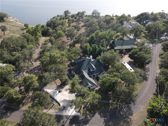 drone / aerial view with a water view