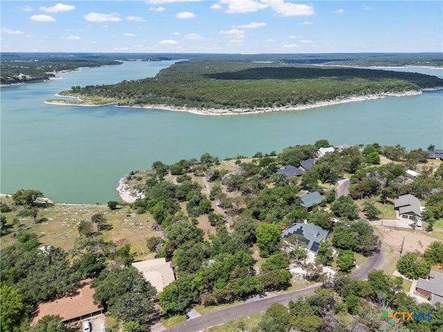 birds eye view of property with a wooded view and a water view