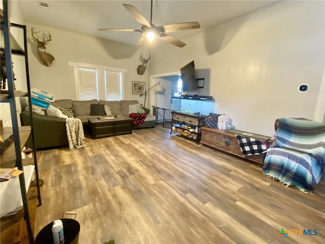 living room with ceiling fan and wood-type flooring