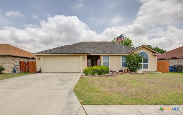 single story home with an attached garage, driveway, fence, and stucco siding
