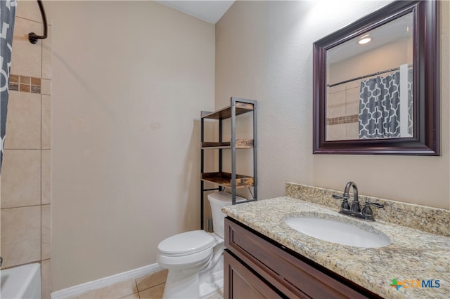 full bathroom featuring shower / tub combo with curtain, tile patterned floors, toilet, and vanity