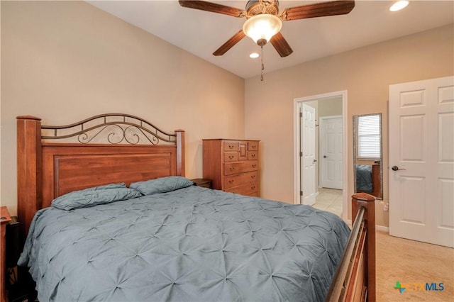 bedroom with light carpet and ceiling fan