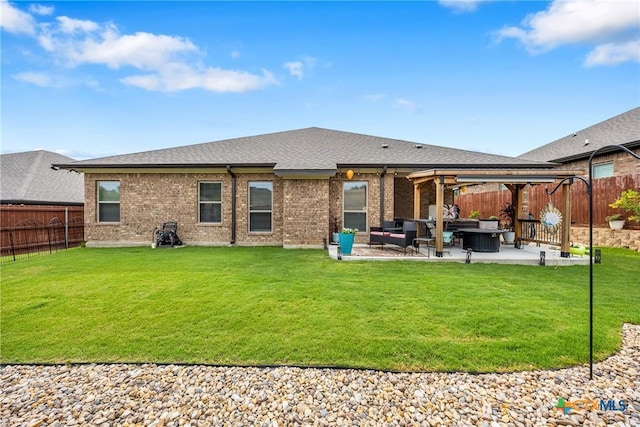 3424 Waggoner Dr, Belton, TX 76513 - rear view of house featuring an outdoor living space, a fenced backyard, a patio, brick siding, and a shingled roof
