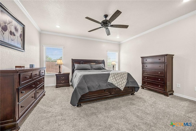 3424 Waggoner Dr, Belton, TX 76513 - bedroom featuring light carpet, crown molding, a ceiling fan, and recessed lighting