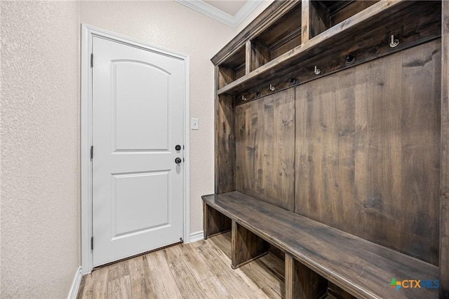 3424 Waggoner Dr, Belton, TX 76513 - mudroom with ornamental molding, light wood-style floors, and a textured wall