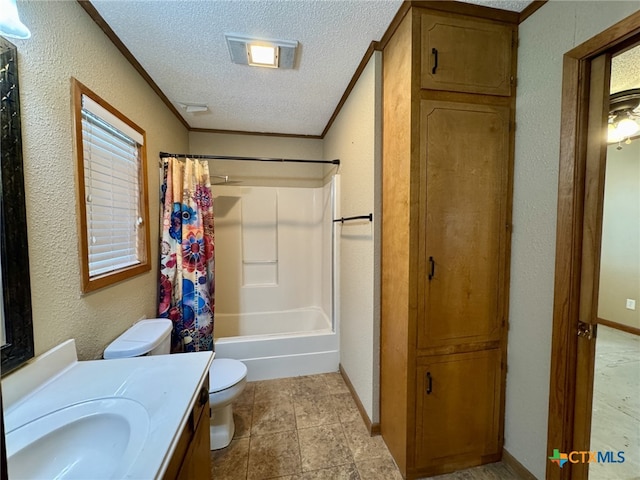 full bath with a textured wall, toilet, vanity, crown molding, and a textured ceiling