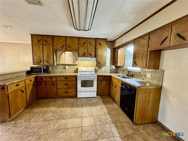 kitchen featuring under cabinet range hood, brown cabinets, dishwasher, stainless steel microwave, and white electric range oven