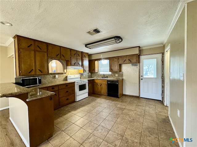 kitchen featuring dishwasher, stainless steel microwave, a peninsula, under cabinet range hood, and white range with electric cooktop