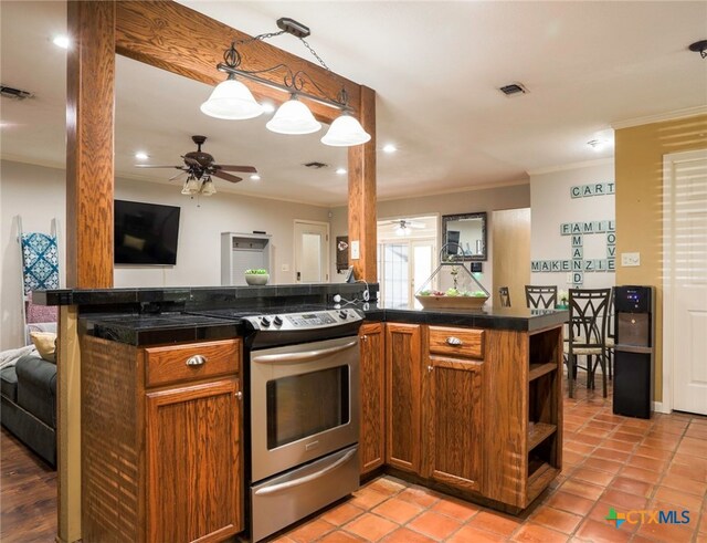 kitchen with crown molding, light tile patterned floors, stainless steel electric range oven, hanging light fixtures, and kitchen peninsula