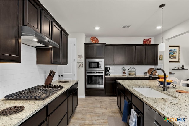 220 Bolivar Way Unit 101, San Marcos, TX 78666 - kitchen with appliances with stainless steel finishes, a sink, ventilation hood, light wood-style floors, and backsplash
