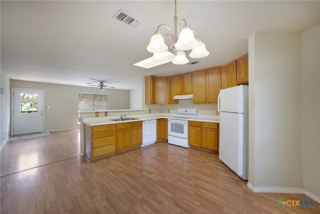 kitchen with sink, ceiling fan with notable chandelier, hanging light fixtures, white appliances, and light wood-type flooring