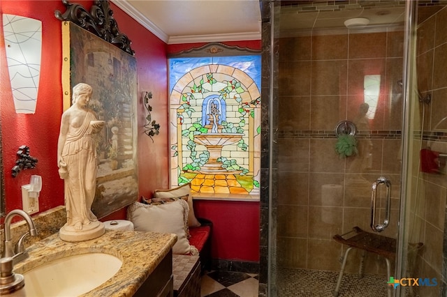 bathroom featuring walk in shower, vanity, and crown molding