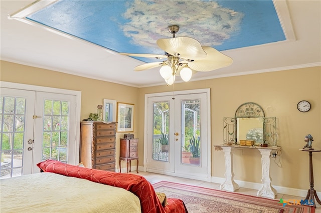 bedroom featuring french doors, ornamental molding, light tile patterned floors, access to exterior, and ceiling fan