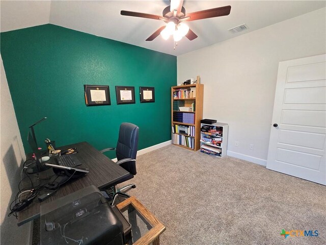 2635 Belle Hubbard Trl, Belton, TX 76513 - carpeted office space with ceiling fan, lofted ceiling, and baseboards