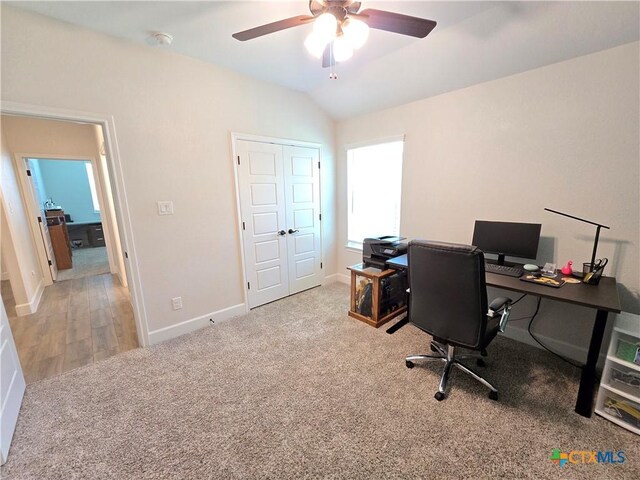 2635 Belle Hubbard Trl, Belton, TX 76513 - carpeted office space featuring ceiling fan, vaulted ceiling, and baseboards