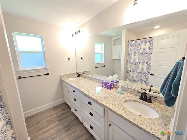 2635 Belle Hubbard Trl, Belton, TX 76513 - bathroom featuring wood finished floors, double vanity, toilet, baseboards, and a shower with curtain