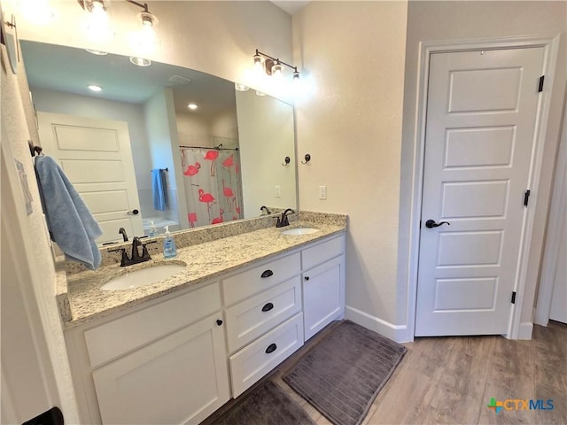 2635 Belle Hubbard Trl, Belton, TX 76513 - full bathroom with double vanity, wood finished floors, baseboards, and a shower with curtain