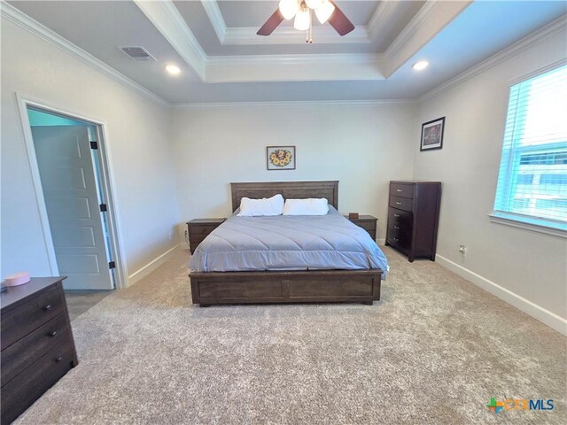 2635 Belle Hubbard Trl, Belton, TX 76513 - bedroom with carpet flooring, a tray ceiling, crown molding, baseboards, and recessed lighting