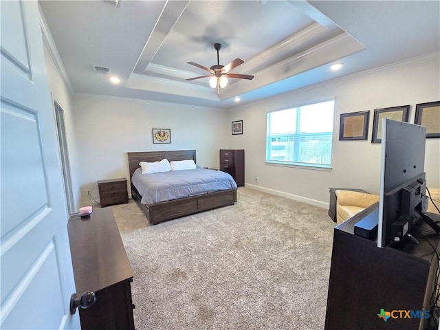2635 Belle Hubbard Trl, Belton, TX 76513 - carpeted bedroom with crown molding, a raised ceiling, baseboards, and a ceiling fan
