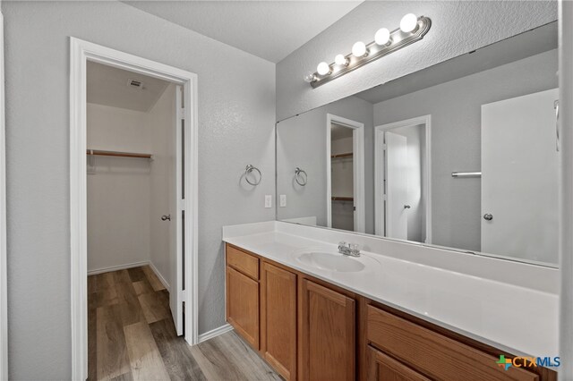 bathroom with hardwood / wood-style flooring and vanity