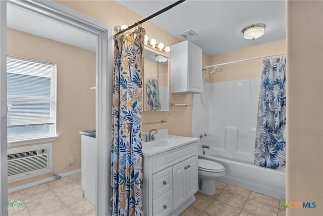 full bathroom with vanity, shower / bath combination with curtain, a wall mounted air conditioner, tile patterned floors, and toilet