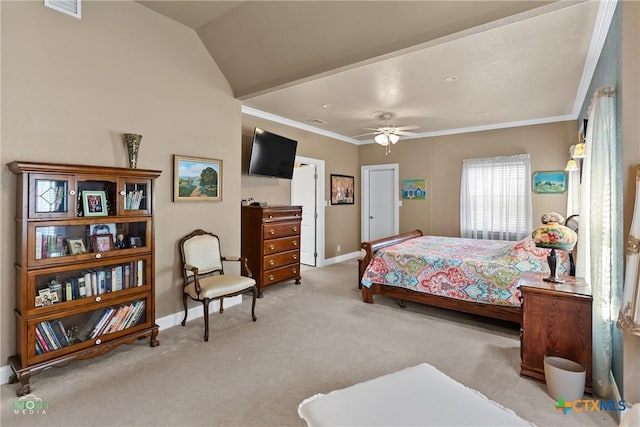 bedroom with visible vents, baseboards, lofted ceiling, ornamental molding, and carpet flooring