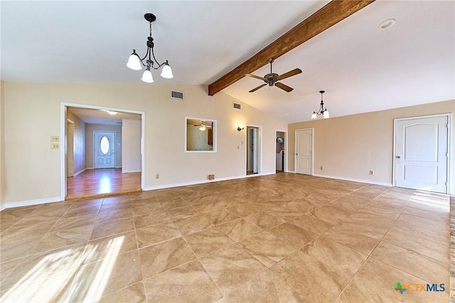 unfurnished living room with lofted ceiling with beams and ceiling fan with notable chandelier