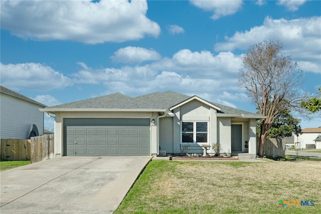 single story home with a garage and a front yard